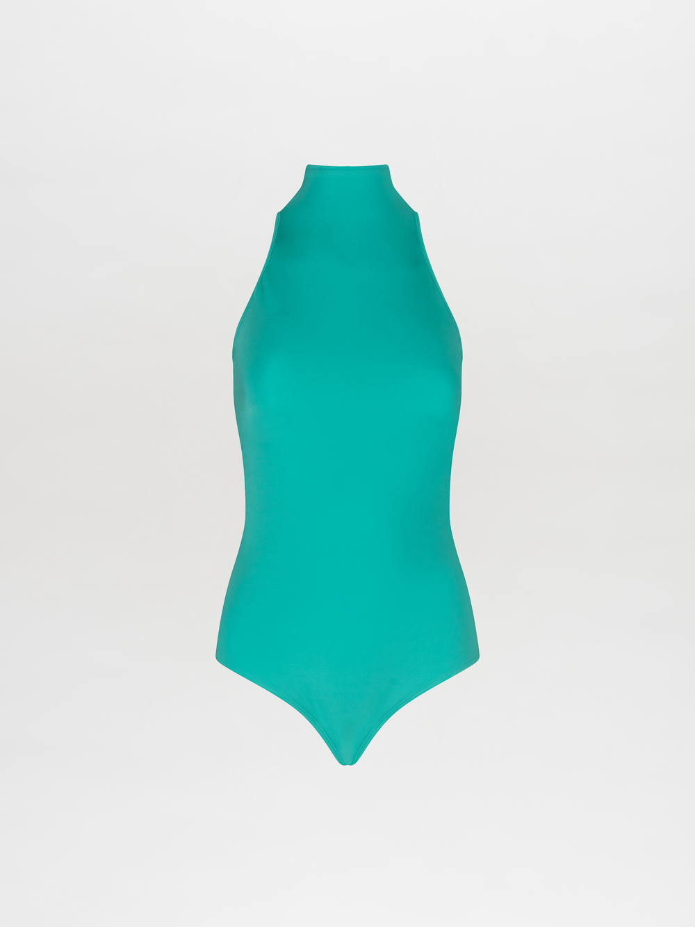 The Adina Bodysuit Aqua, with a halter neck made of stretch fabric, is a women's turquoise swimsuit.