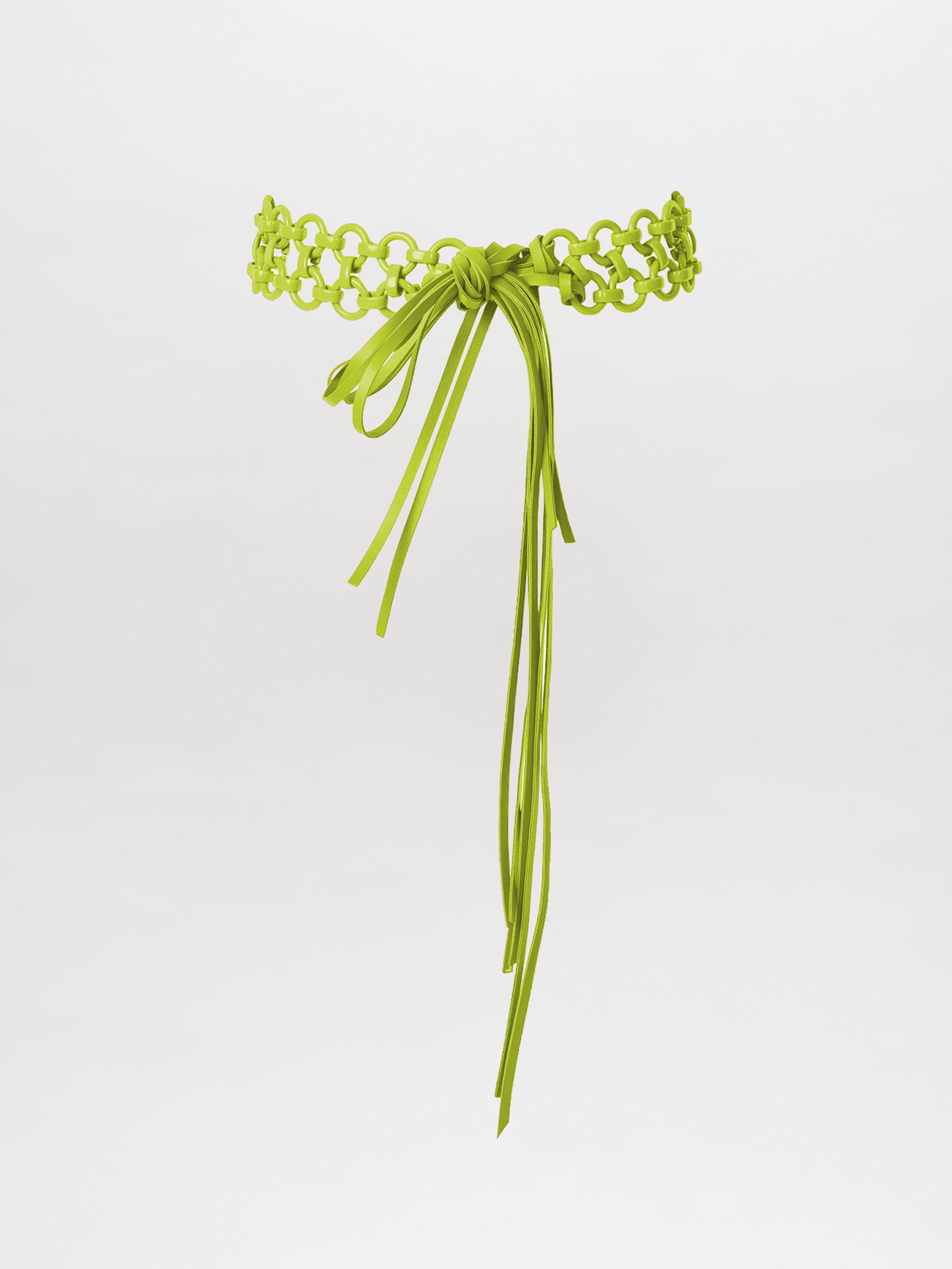 Sindione Belt Green featuring lace with a bow and dangling tassels on a light background.