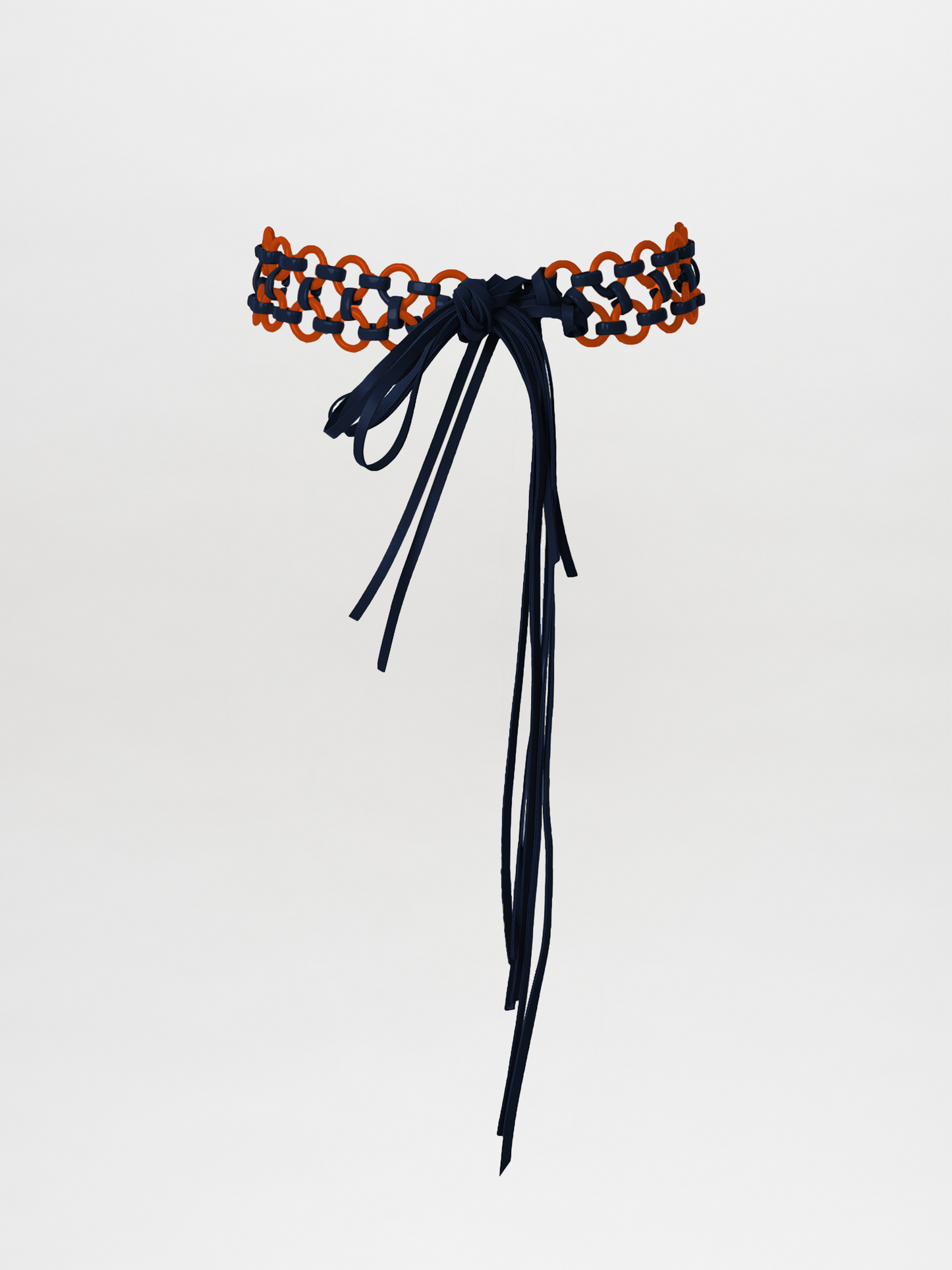 Sindione Belt Navy/Orange with leather straps intertwining through blue cords and bright orange resin rings, gracefully tied in a bow at the front.