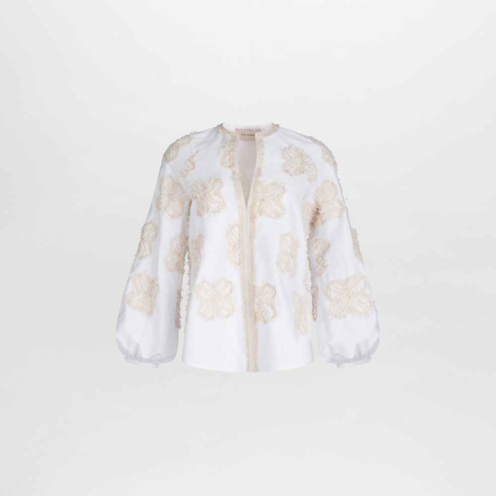Emille Blouse Multi Sepia Floral with multicolored botanical and bird print on the collar and cuffs, displayed on a plain background.
