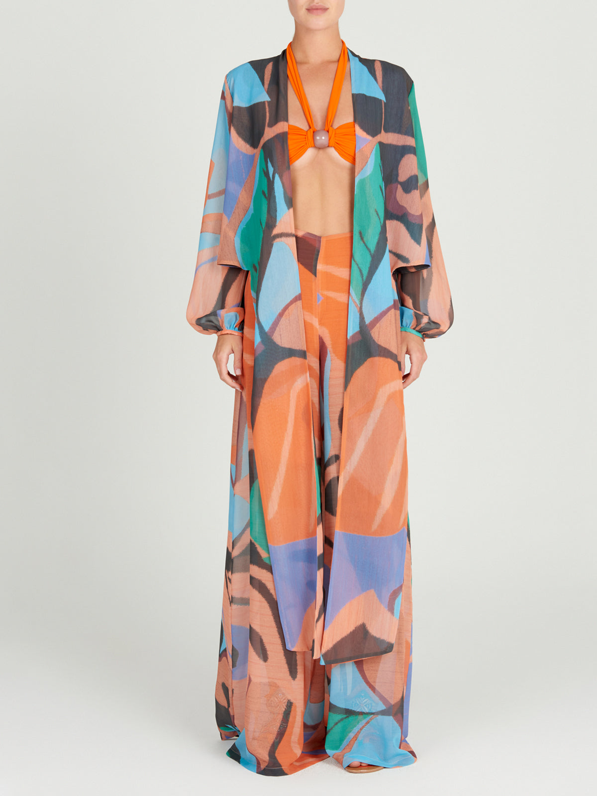 A woman's high-waisted Benedetto Pant Pastel Multi Swirls palazzo pants.